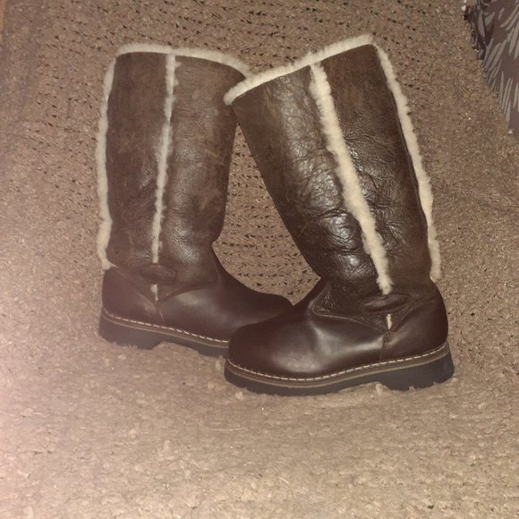 SAUTE MOUTON-Brown Leather/Distressed-Cream Sheepskin & Lining-Sz 38-Excellent - Picture 1 of 8